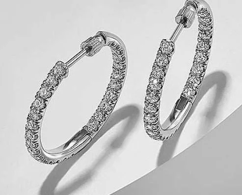 Contemporary Drop Earrings for Fashion -14K White Gold French Pavé 20mm Round Inside Out Diamond Hoop Earrings