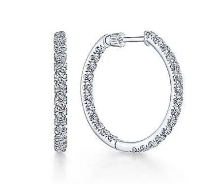 Drop Earrings with Hammered Finish -14K White Gold French Pavé 20mm Round Inside Out Diamond Hoop Earrings