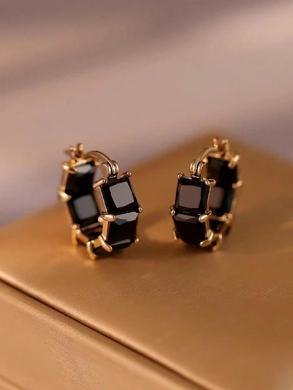 Maximalist Drop Earrings for Bling -1pair Women's Simple & Fashionable Black Zircon Decor Ear Hoop, Unique Design Daily Earrings, Birthday Gift