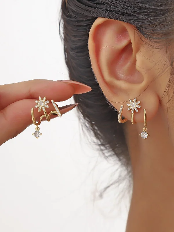 Ethnic Drop Earrings with Tribal Design -2pcs/set Glamorous Copper Cubic Zirconia Detail Flower Decor Dangle Earrings