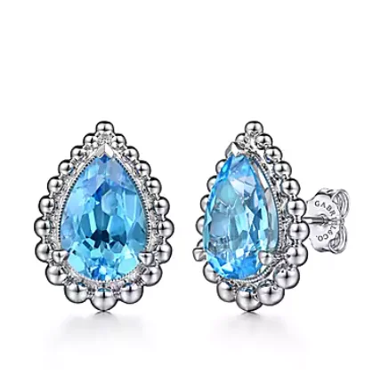 Drop Earrings for Birthday Celebration -925 Sterling Silver Swiss Blue Topaz Bujukan Pear Shape Stud Earrings With Pattern