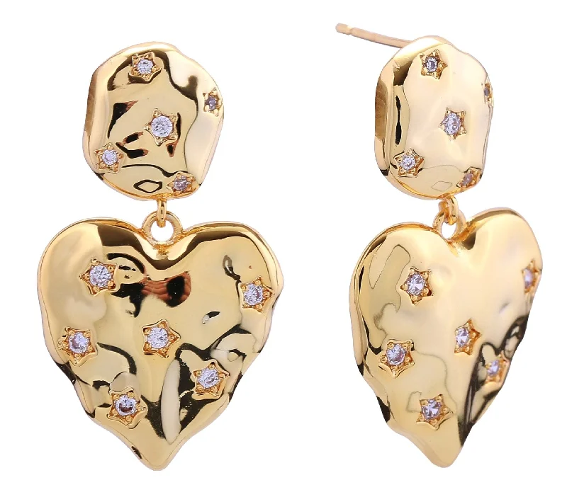 Drop Earrings with Etched Designs -DJE310808 14K Crinkle Heart Pave CZ Post Earrings