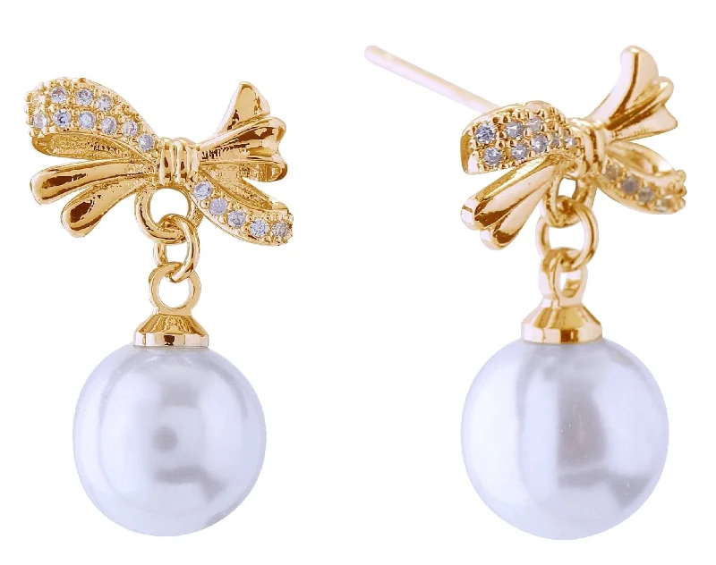 Drop Earrings for Valentine's Day -DJE310893 14K Dipped Dangle Pearl Ribbon Post Earrings