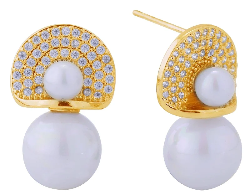 Drop Earrings with Vine Designs -DJE310898 14K Double Pearl Pave CZ Post Earrings