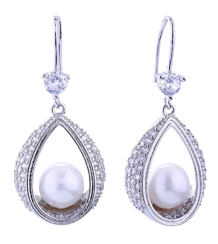 Rhinestone Drop Earrings for Sparkle -DJE310901 14K Luxe Pearl Drop Pave CZ Earrings