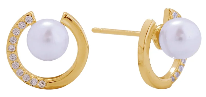 Drop Earrings for School Uniform -DJE311062 14K Dipped Half Pearl CZ Post Earrings