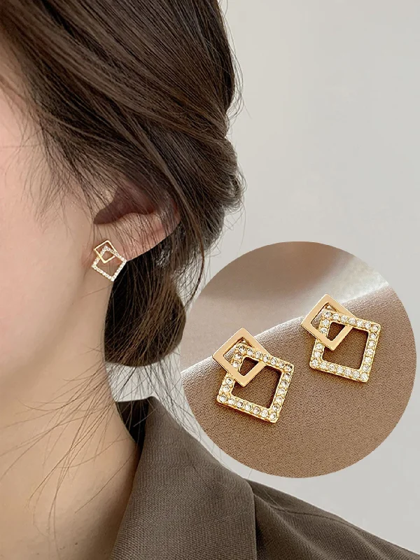 Push Back Drop Earrings for Convenience -Korean Square Shaped Cubic Zirconia Minimalist Cold-tone Small And Exquisite Stud Earrings