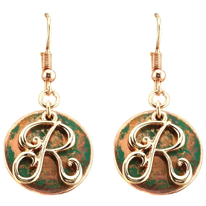 Studded Drop Earrings with Gemstones -AE1759-RTT2   Rose Gold Tone & Patina 'R' Monogram Initial Disk Earrings