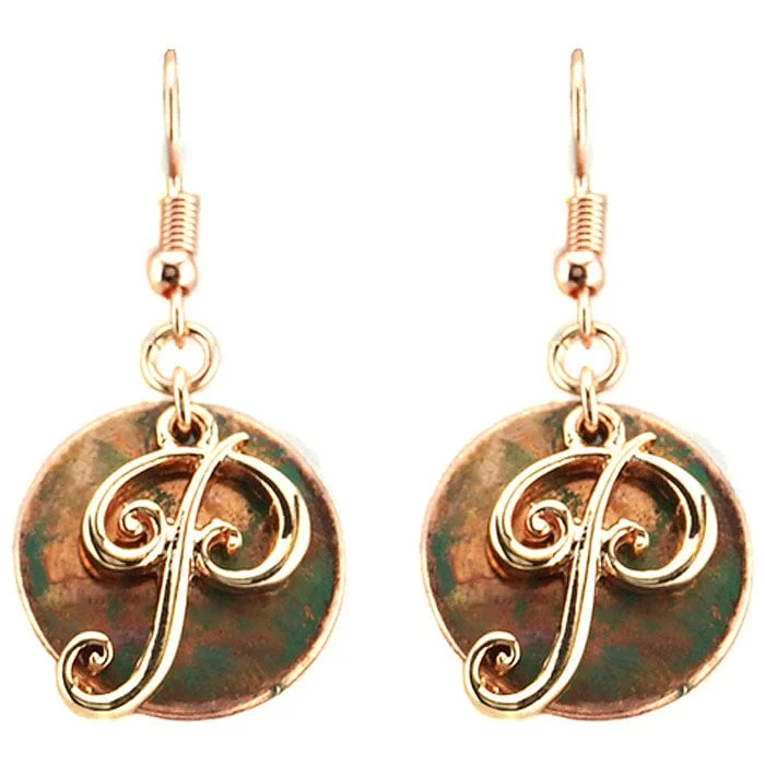 Drop Earrings with Filigree Work -AE1759-PTT2   Rose Gold Tone & Patina 'P' Monogram Initial Disk Earrings