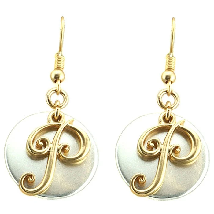 Drop Earrings with Hammered Finish -AE1759-PTT1   Gold Tone & Silver Tone 'P' Monogram Initial Disk Earrings