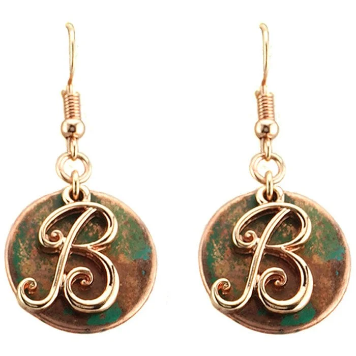 Round Drop Earrings for Classic -AE1759-BTT2   Rose Gold Tone & Patina 'B' Monogram Initial Disk Earrings