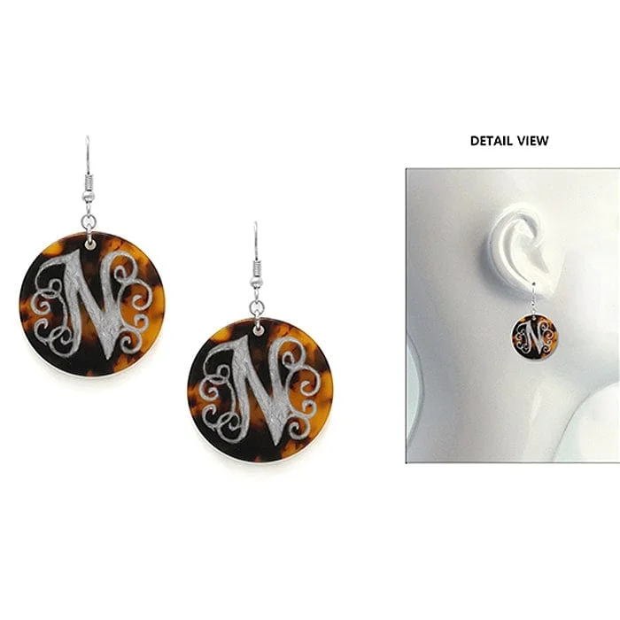 Clip On Drop Earrings for Non Pierced -AE2543-NWS Initial "N" Tortoise Shell Disk Earrings