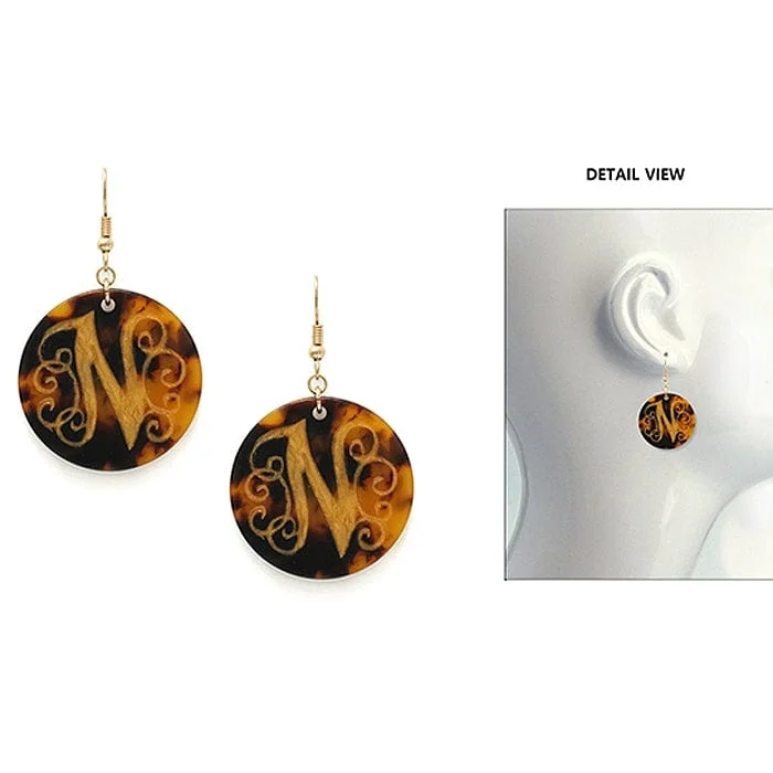 Screw Back Drop Earrings for Security -AE2543-NWG Initial "N" Tortoise Shell Disk Earrings