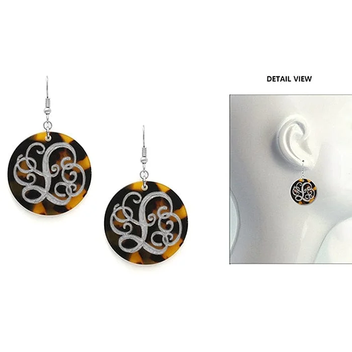 Drop Earrings with Etched Designs -AE2543-LWS Initial "L" Tortoise Shell Disk Earrings