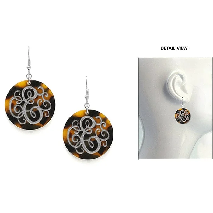 AE2543-EWS Initial "E" Tortoise Shell Disk Earrings