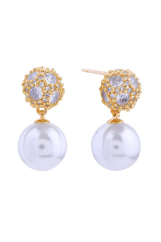 Drop Earrings for Birthday Celebration -SJE310925 14K Crystal Top Pearl Drop Post Earrings