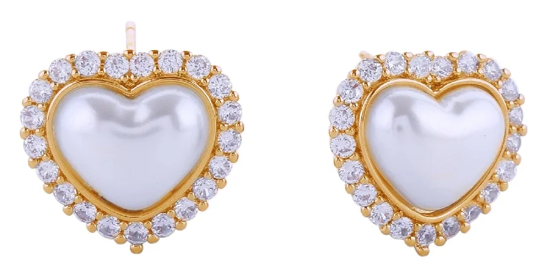 Drop Earrings for Office Wear -SJE310931 14K Heart Pearl Pave CZ Post Earrings