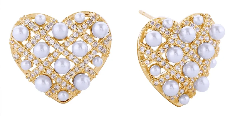 Drop Earrings for Everyday Glamour -SJE310933 14K Woven CZ Pearl Heart Post Earrings