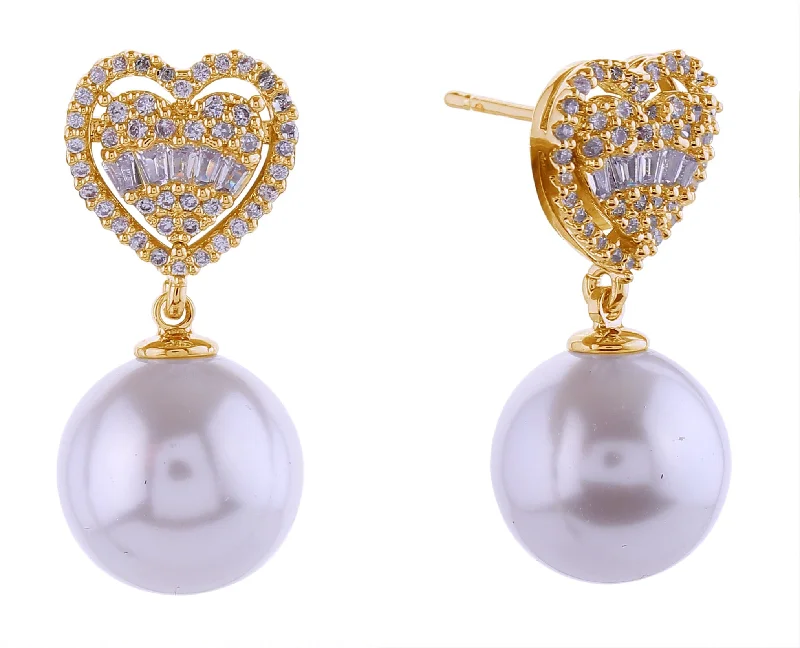 Drop Earrings for Formal Attire -SJE310937 14K Crystal Heart Top Pearl Dangle Earrings