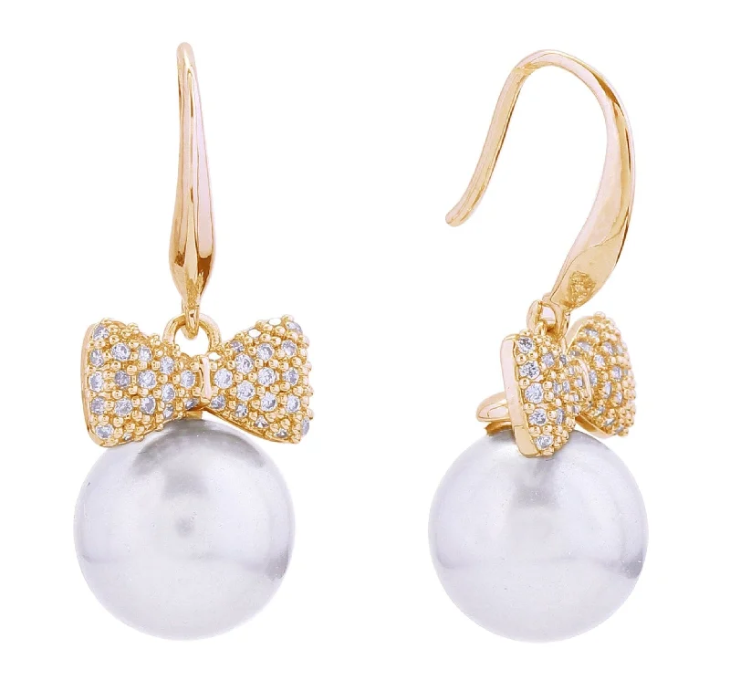 Drop Earrings for Office Wear -SJE310954 14K Bow Pearl Drop Post Earrings