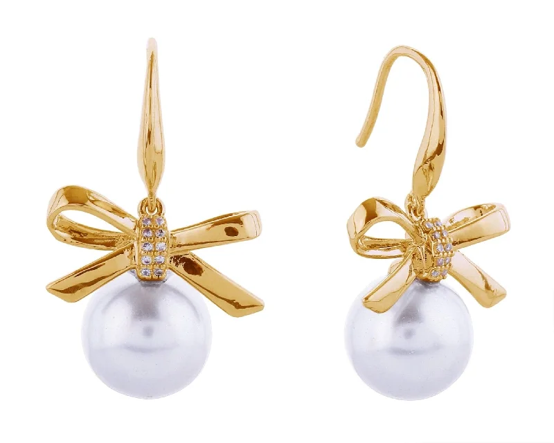 Drop Earrings with Filigree Work -SJE310955 14K Ribbon Pearl Drop Post Earrings