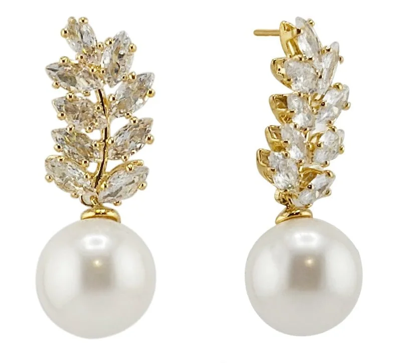 Drop Earrings for Mother's Day -SJE311030 14K Dangle Pearl Leaf CZ Post Earrings