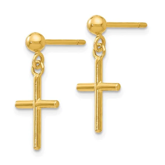 Diamond Drop Earrings for Luxury -14K Yellow Gold Polished Cross Dangle Earrings