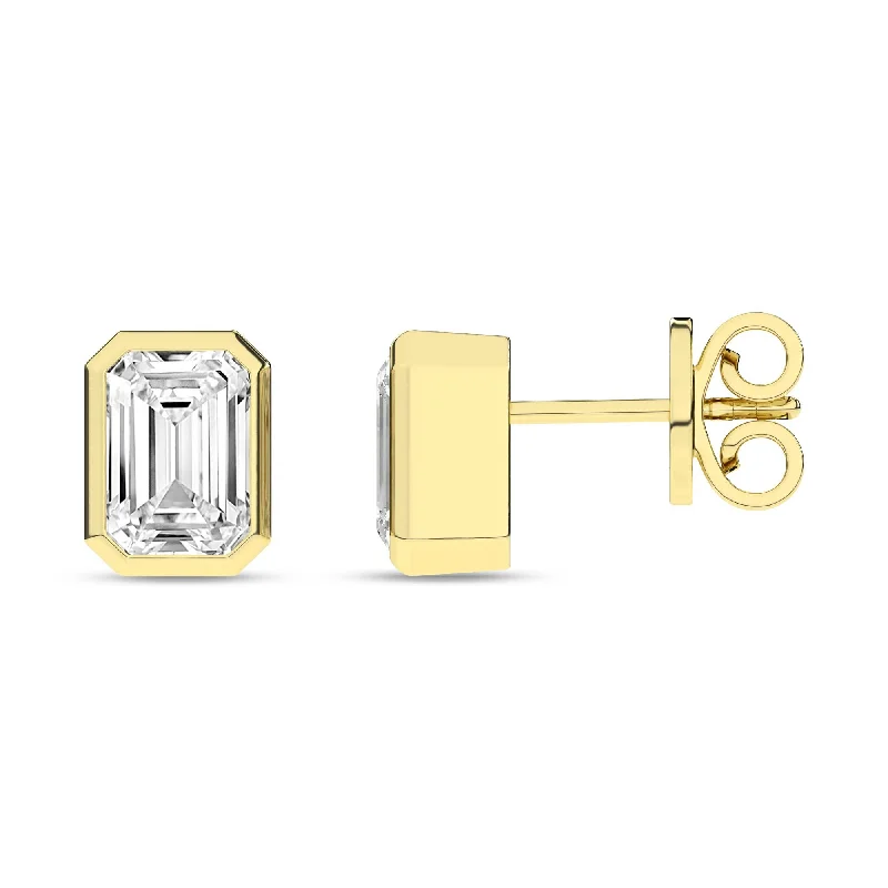 Drop Earrings for Graduation Day -14K Yellow Gold Lab Grown Bezel-Set Emerald Solitaire 2ctw Stud Earrings