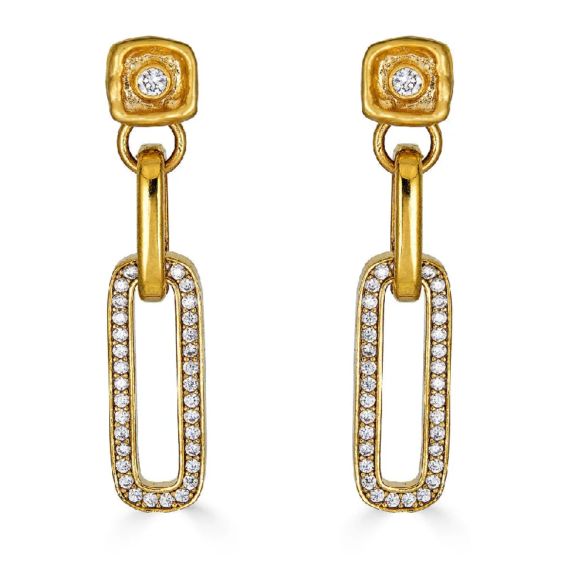 Screw Back Drop Earrings for Security -Gold Pave Chain Post Earrings