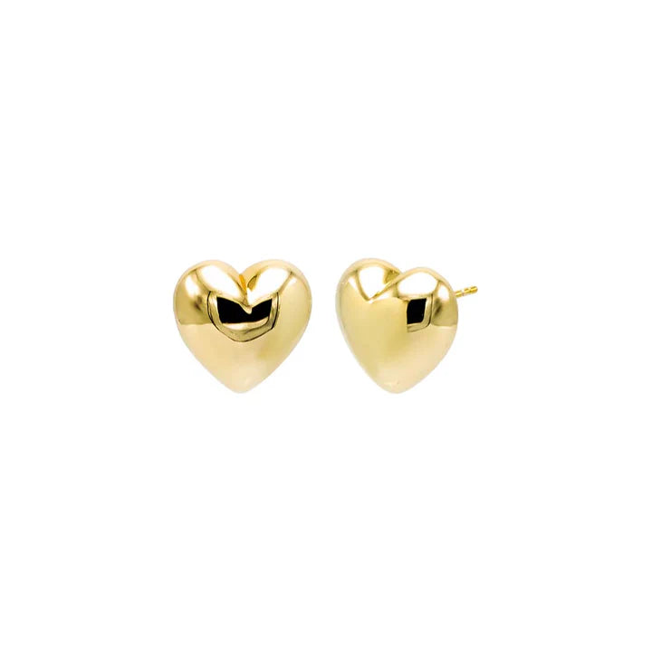 Push Back Drop Earrings for Convenience -Gold Solid Puffy Heart Stud Earrings