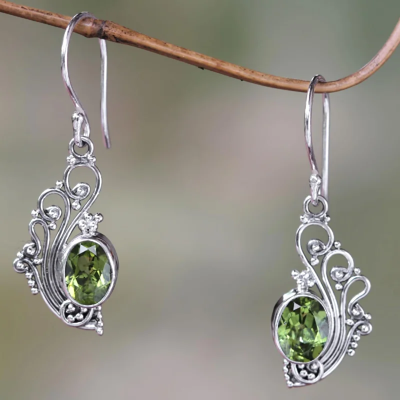 Drop Earrings with Wave Designs -Green Peacock Feather Peridot Silver Dangle Earrings