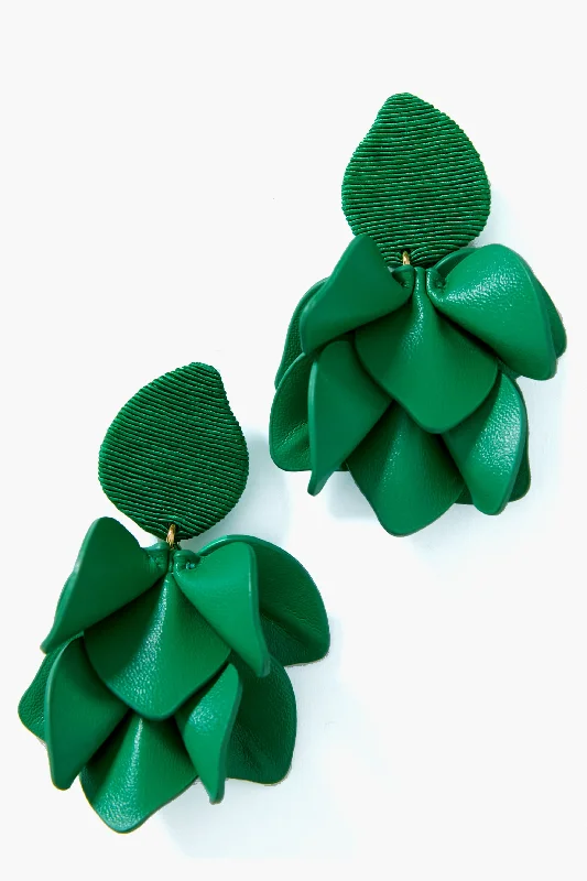 Drop Earrings for Work Attire -Kelly Green Silk and Leather Orchid Earrings