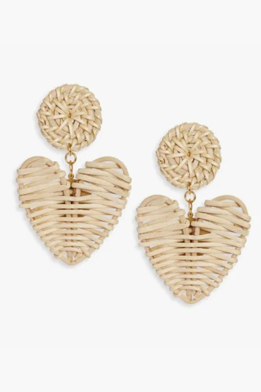 Maximalist Drop Earrings for Bling -Natural Rattan Hearts Earrings