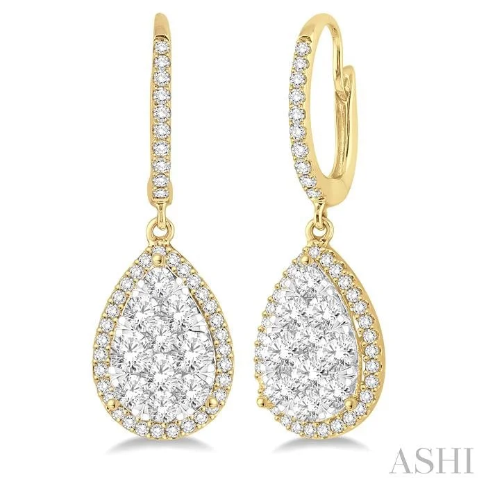 Drop Earrings for Office Wear -PEAR SHAPE HALO LOVEBRIGHT ESSENTIAL DIAMOND EARRINGS