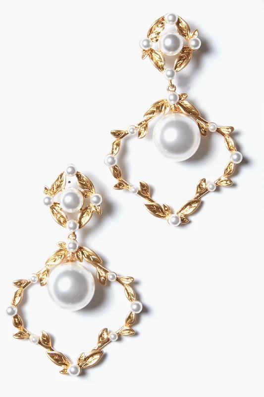 Retro Drop Earrings for Nostalgia -Pearl and Gold Laurelle Earrings