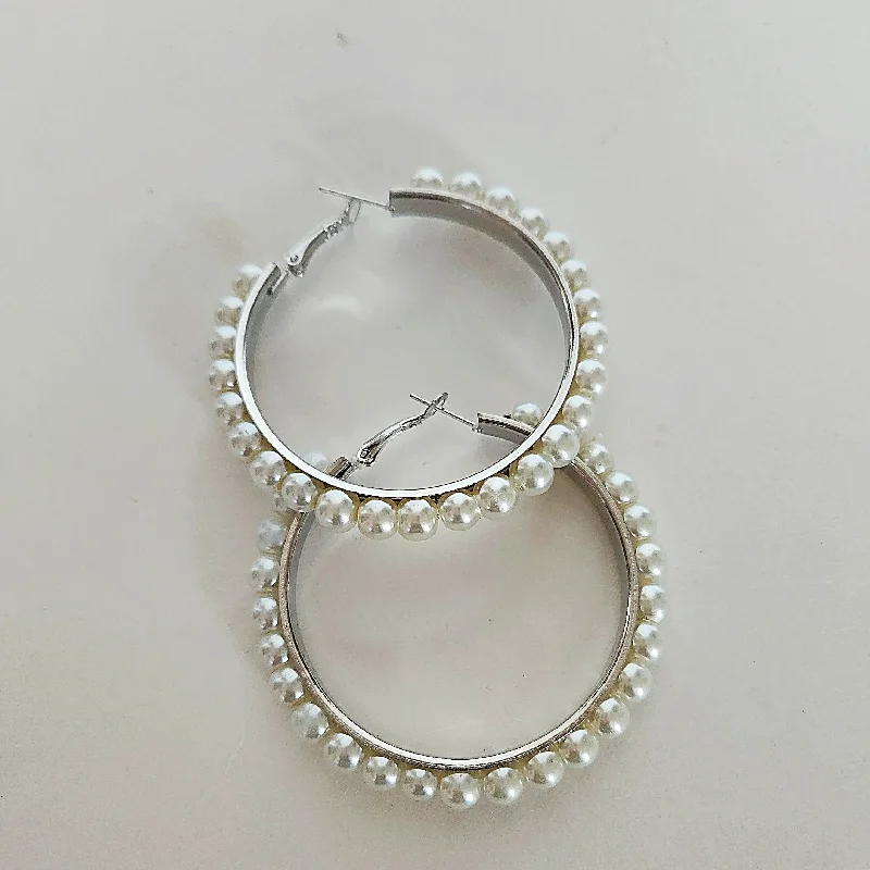 Maximalist Drop Earrings for Bling -Pearl Hoop Earrings Silver