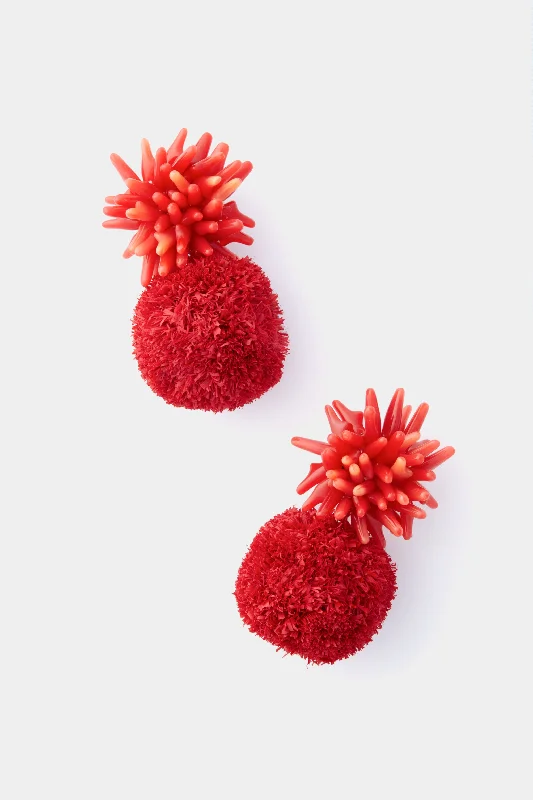 Drop Earrings with Matte Finish -Poppy Red Pom Earrings