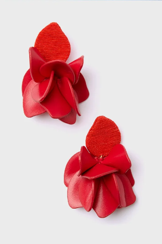 Drop Earrings for Prom Night -Poppy Red Silk and Leather Orchid Earrings