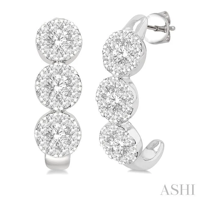 Drop Earrings for Everyday Glamour -ROUND SHAPE 3 STONE LOVEBRIGHT DIAMOND HALF HOOP EARRINGS