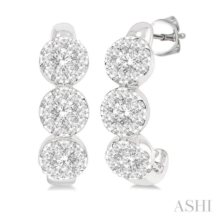 Drop Earrings for Work Attire -ROUND SHAPE 3 STONE LOVEBRIGHT DIAMOND HALF HOOP EARRINGS