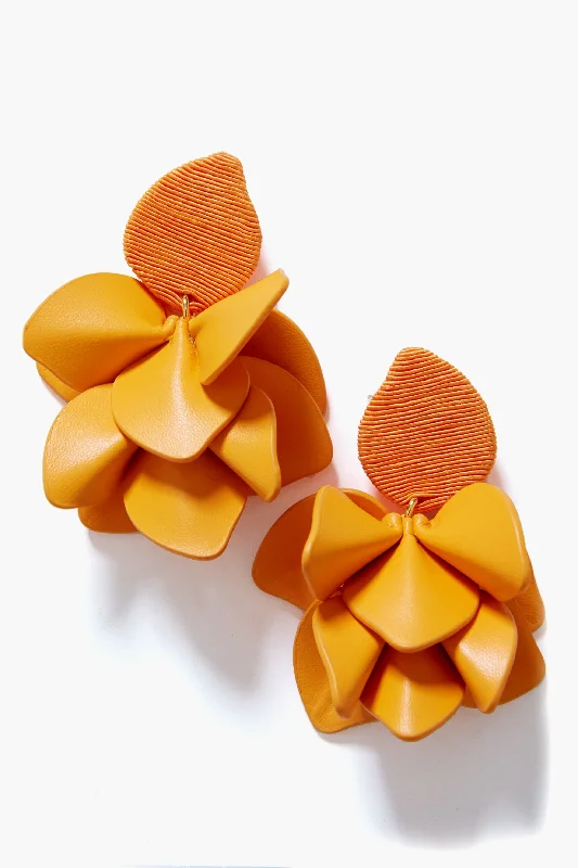 Long Drop Earrings for Dramatic -Tangerine Silk and Leather Orchid Earrings